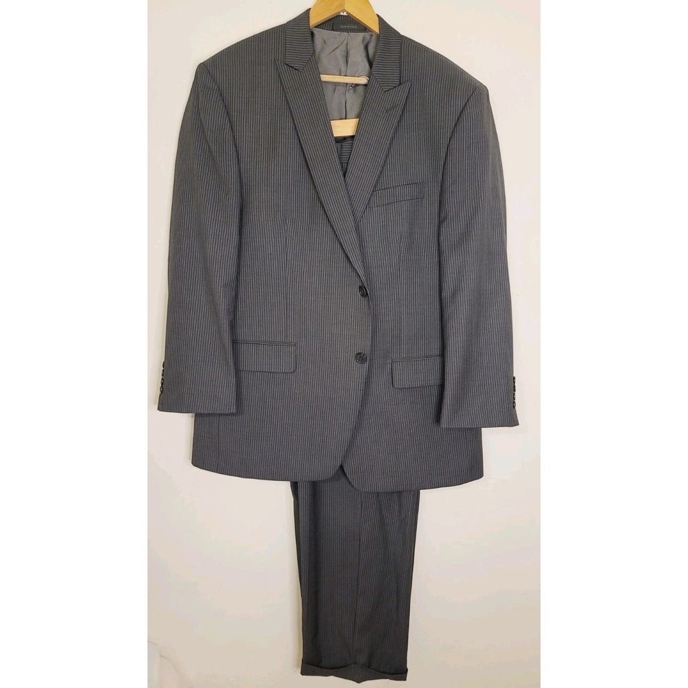Mens 2 Piece Suit 44R Gray Pinstripe 2 Button 100% Wool Pants‎ 40x30 Wedding